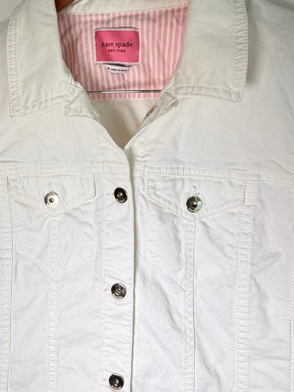Kate Spade New York White Denim Jean Jacket M Pink Stripe Cuffs Gold Buttons